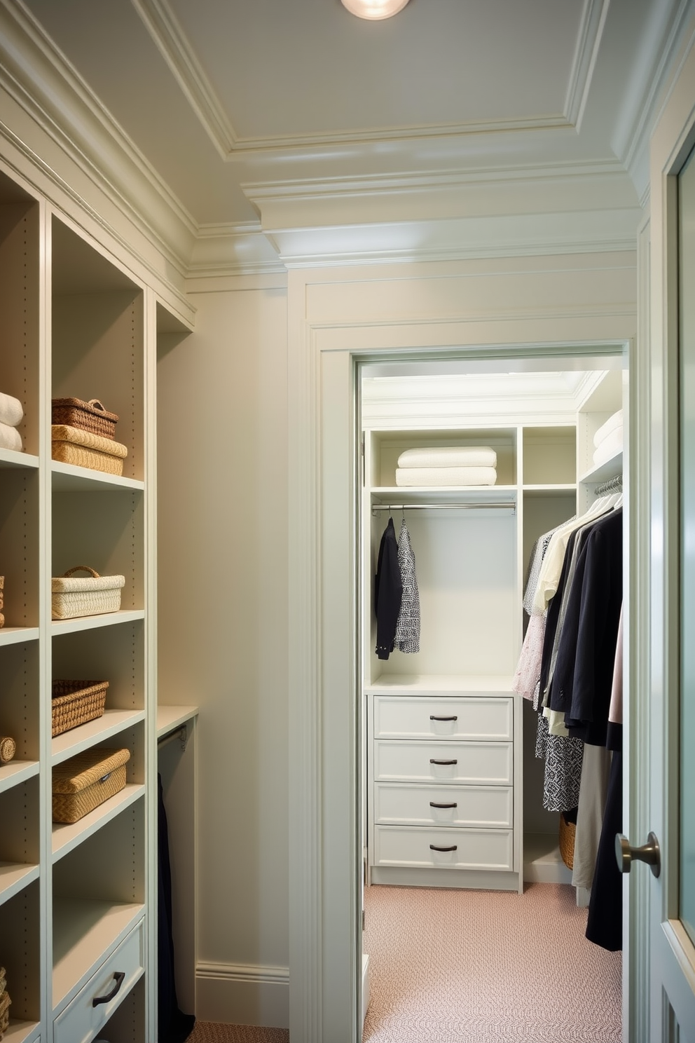 Crown molding in soft green adds a touch of sophistication to the space. The elegant lines and subtle color create a serene atmosphere that enhances the overall design. For the walk-in closet, consider incorporating custom shelving and soft lighting to showcase your wardrobe. Use a combination of open and closed storage to maintain a clean and organized look.