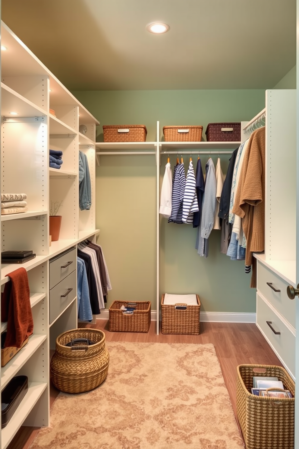 A serene walk-in closet featuring soft sage green walls that create a calming atmosphere. The space is illuminated by warm lighting that enhances the inviting feel of the room. Stylish shelving units and hanging rods are organized for optimal storage and display. A plush area rug in neutral tones adds comfort underfoot, while decorative baskets keep accessories neatly stored.