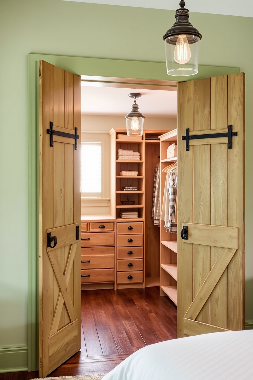 Rustic green barn doors create a charming farmhouse feel that enhances the overall aesthetic of the space. The doors feature a weathered finish and are adorned with black wrought iron hardware for added character. The walk-in closet is designed with ample shelving and hanging space, incorporating natural wood accents to complement the rustic theme. Soft green walls provide a fresh backdrop, while vintage-style lighting fixtures add warmth and elegance.