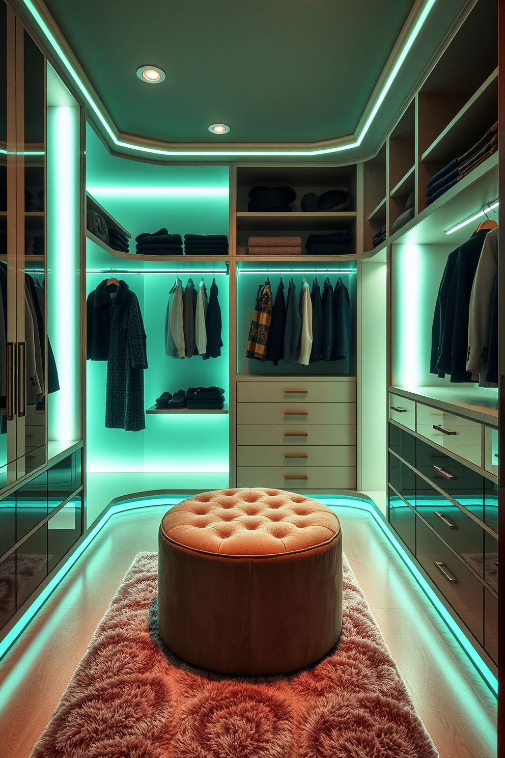 A luxurious walk-in closet featuring integrated lighting in soft green tones that creates a calming ambiance. The space is designed with elegant shelving and hanging areas, complemented by a plush area rug and a stylish ottoman for seating.