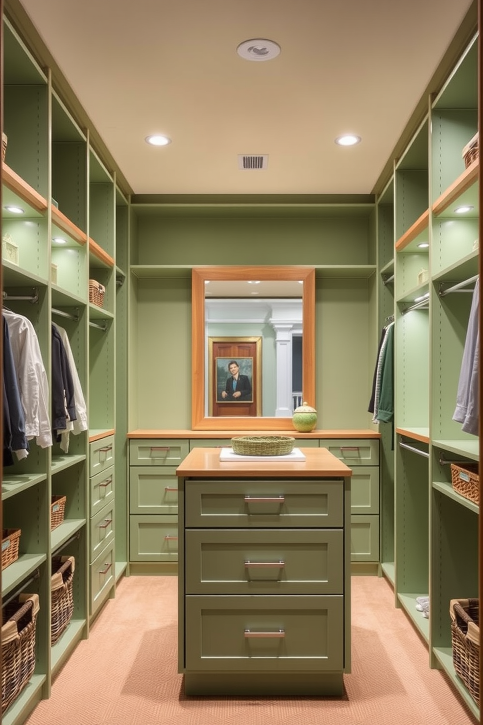 A custom green closet organizer designed for efficiency features modular shelving and hanging rods that maximize space. The walls are painted in a soft green hue, complemented by natural wood accents and integrated lighting for a bright and inviting atmosphere. The walk-in closet includes a central island with drawers for accessories and a large mirror to enhance functionality. Stylish baskets and bins provide additional storage while maintaining a cohesive and organized look.