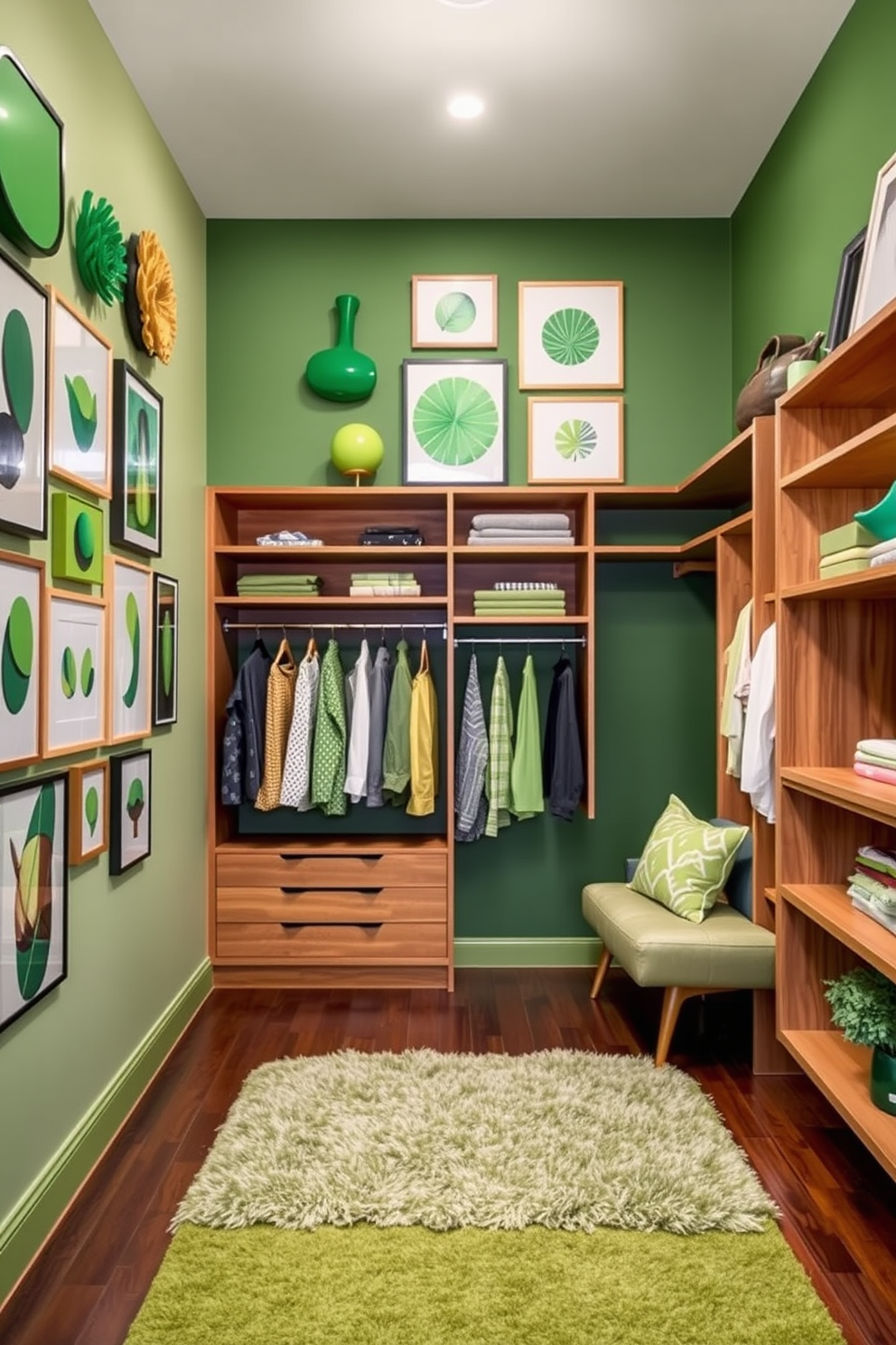 Whimsical green art pieces adorn the walls, showcasing playful shapes and vibrant hues that bring personality to the space. Each piece is thoughtfully arranged to create a cohesive yet eclectic gallery wall that invites creativity and joy. The walk-in closet features lush green walls that evoke a sense of tranquility, complemented by sleek wooden shelving and a plush rug. Ample lighting highlights the organized storage, while a comfortable seating area adds a touch of luxury and functionality.