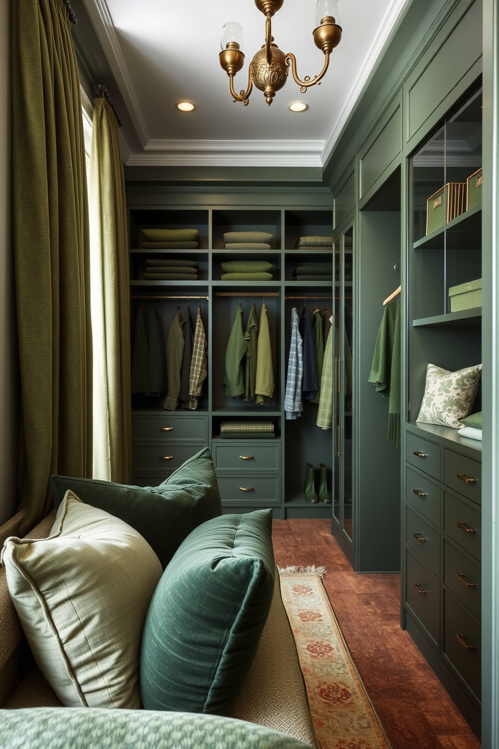 Layered green textiles create a cozy and inviting atmosphere in the space. Soft cushions, throws, and curtains in various shades of green add depth and warmth to the room. The walk-in closet features custom shelving and hanging space designed for optimal organization. Elegant lighting fixtures illuminate the area, enhancing the rich green tones of the textiles and cabinetry.