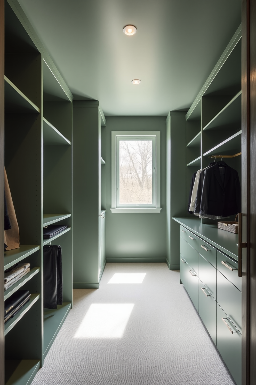 A minimalist green walk-in closet features sleek cabinetry with clean lines and a soft green hue that creates a tranquil atmosphere. The space is illuminated by natural light streaming in through a large window, highlighting the organized shelves and hanging areas that maximize functionality while maintaining a clutter-free aesthetic.