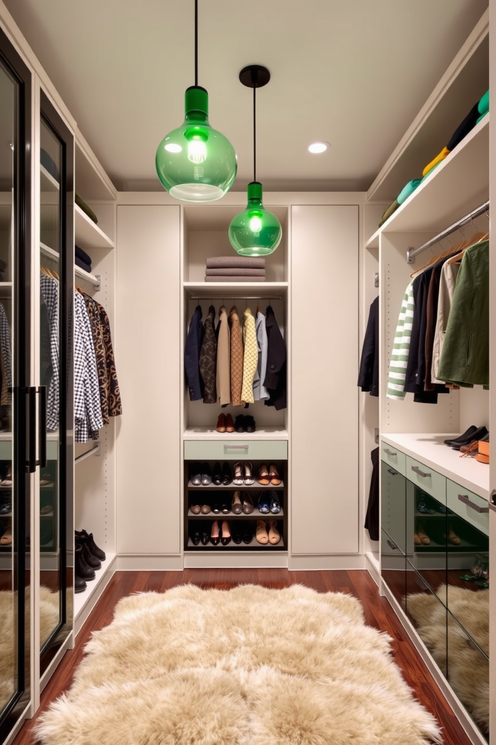 A stylish walk-in closet featuring green glass pendant lights that add a modern flair to the space. The closet is designed with custom shelving and hanging options to maximize storage while maintaining a sleek aesthetic. The walls are painted in a soft neutral tone to complement the green accents. A plush area rug lies beneath the shoe display, enhancing the overall comfort and luxury of the closet.