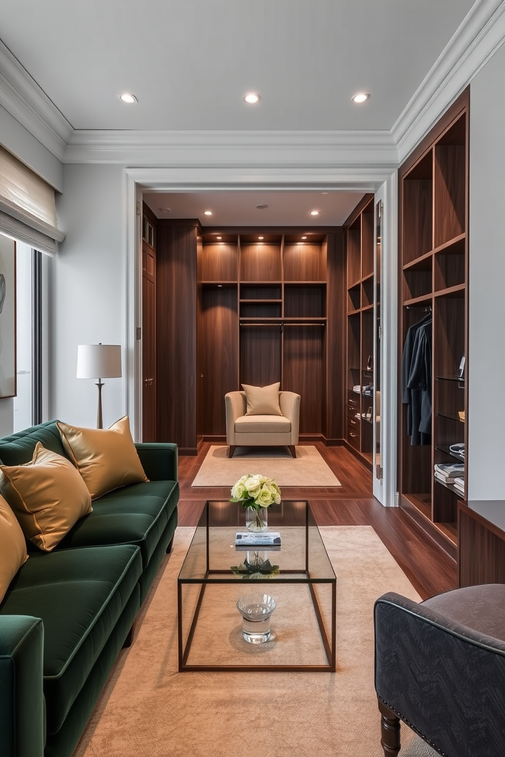 A functional seating area in dark green features a plush velvet sofa adorned with gold accent pillows. A sleek glass coffee table sits in front of the sofa, complemented by a stylish area rug that adds warmth to the space. The walk-in closet design showcases custom shelving and hanging space in a rich wood finish. Soft lighting highlights the organized layout, while a cozy seating nook invites relaxation amidst the elegant surroundings.