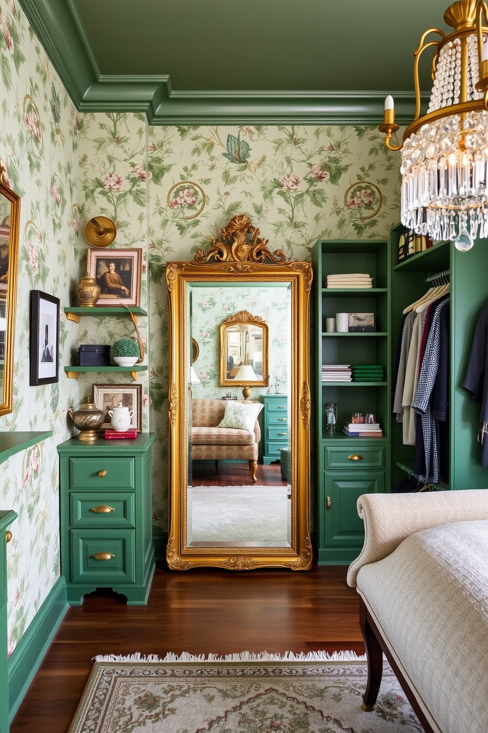 Charming green accents with vintage decor. The walls are painted in a soft sage green, adorned with vintage floral wallpaper. Antique wooden shelves display an array of eclectic decor items, while a plush area rug adds warmth to the space. A vintage chandelier hangs from the ceiling, providing a touch of elegance and ambiance. Green Walk-In-Closet Design Ideas. The closet features custom-built shelving in a rich emerald hue, complemented by brass hardware for a luxurious feel. A full-length mirror is framed in ornate gold, reflecting the carefully organized space filled with stylish clothing and accessories.