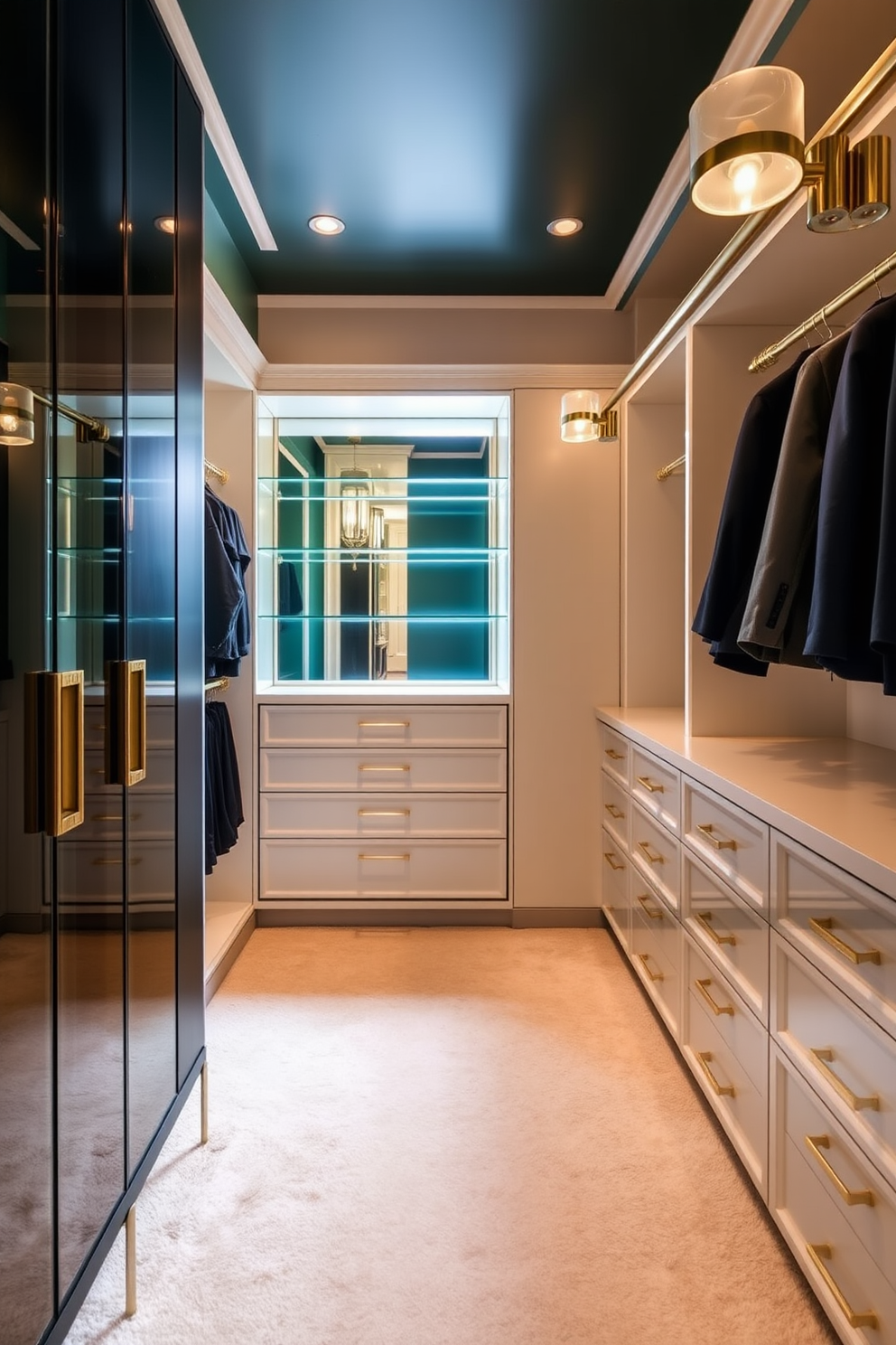 A luxurious walk-in closet features a dark green accent wall that adds depth and sophistication to the space. Gold fixtures, including elegant lighting and hardware, create a striking contrast against the rich wall color. The closet is designed with custom shelving and hanging space that maximizes storage while maintaining a sleek aesthetic. Plush carpeting in a neutral tone complements the overall design, providing a warm and inviting atmosphere.