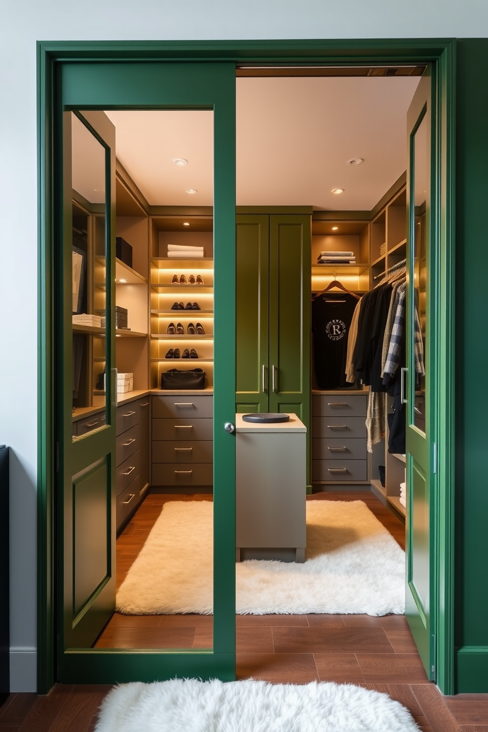 Sleek green sliding doors open to reveal a spacious walk-in closet designed for maximum organization and style. The interior features custom shelving, hanging rods, and a stylish island with drawers for accessories, all accented by soft lighting and a plush rug.