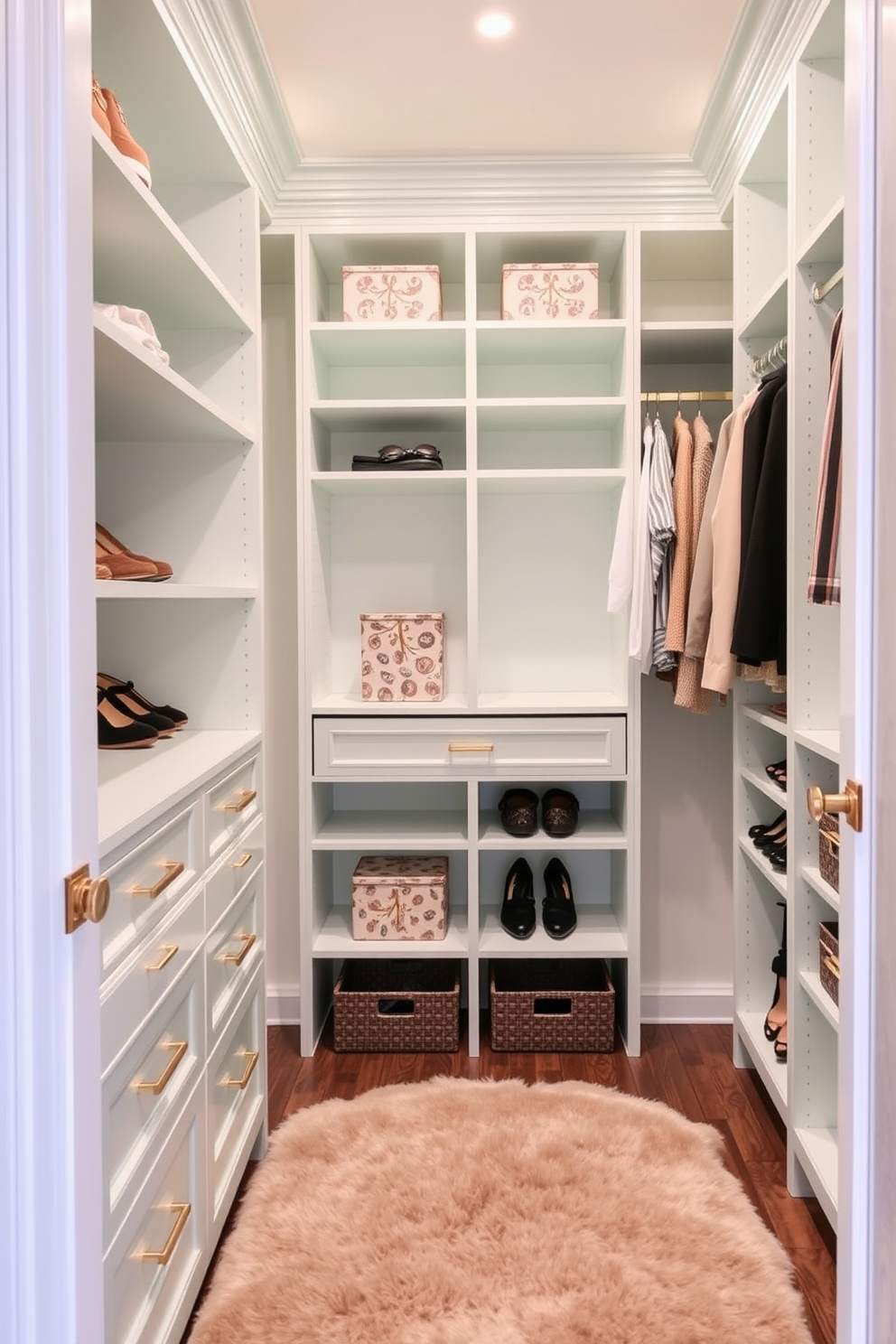 Light mint green shelves create a fresh and inviting atmosphere in the walk-in closet. The shelves are complemented by soft white lighting and elegant gold hardware, enhancing the overall aesthetic. The closet features ample hanging space and organized compartments for shoes and accessories. A plush area rug adds warmth, while decorative storage boxes keep the space tidy and stylish.