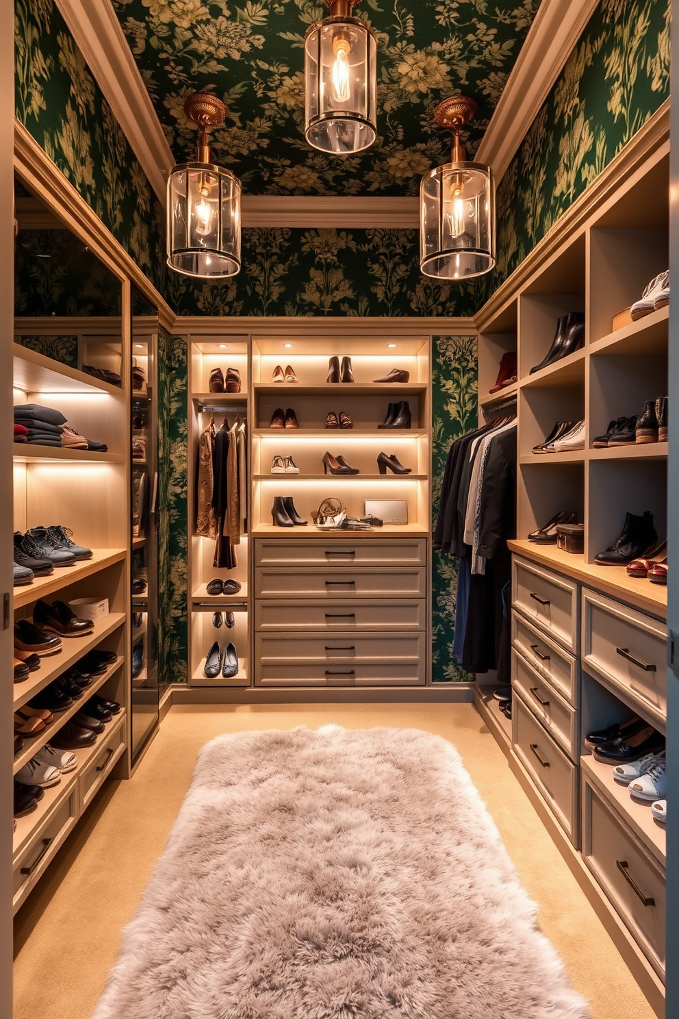 A luxurious walk-in closet features forest green wallpaper adorned with intricate floral patterns. The space is illuminated by elegant pendant lighting, creating a warm and inviting atmosphere. Custom shelving units are designed to maximize storage while showcasing a curated selection of shoes and accessories. A plush area rug in a complementary color adds comfort underfoot, enhancing the overall aesthetic of the closet.