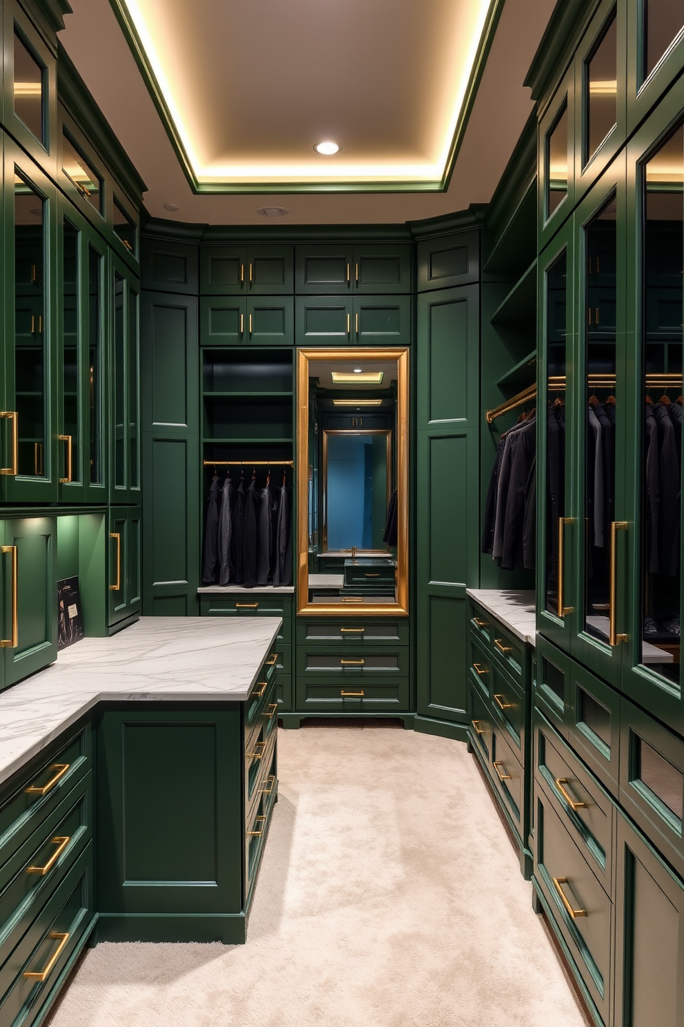 A luxurious walk-in closet featuring two-tone green cabinets that create a striking visual interest. The cabinets are complemented by gold hardware and soft LED lighting that highlights the elegant design. The closet includes a spacious island in the center with a marble top and additional storage drawers. Plush carpeting underfoot adds warmth, while a full-length mirror reflects the stylish ambiance of the space.