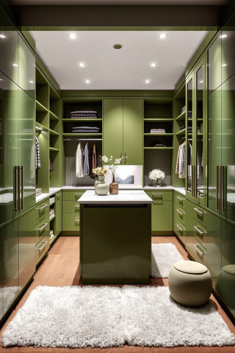 A modern walk-in closet featuring glossy avocado green finishes that create a fresh and inviting atmosphere. The space is illuminated by soft lighting, highlighting the sleek cabinetry and organized shelving. Incorporate a central island with a marble top for added functionality and elegance. Plush area rugs provide comfort underfoot, while stylish accessories enhance the overall aesthetic.