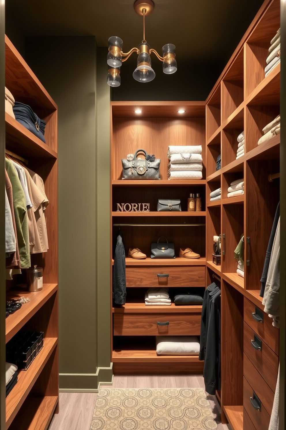 Chic olive green accents complement the wooden shelves in the walk-in closet. The space features a stylish combination of hanging racks and organized storage solutions, creating an inviting atmosphere. The walls are painted in a soft olive green, enhancing the warmth of the wooden shelves. Elegant lighting fixtures illuminate the area, highlighting the carefully curated accessories and clothing displays.