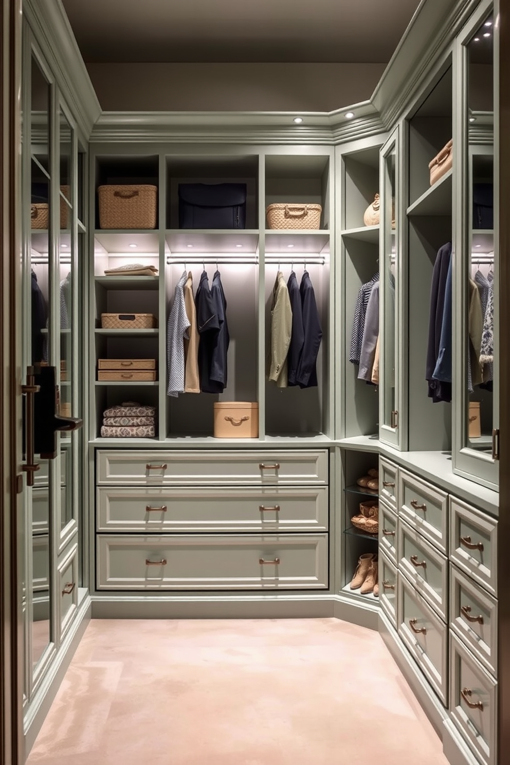 A serene walk-in closet featuring pale green built-in drawers designed for optimal organization. Soft lighting highlights the elegant shelving and hanging space, creating a calming atmosphere for selecting outfits.