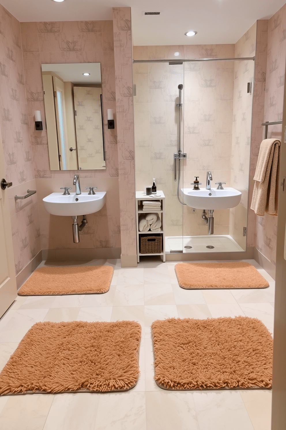 Cozy bath mats are placed in front of the sinks and shower area, providing a soft and inviting touch to the space. The mats feature warm colors and textures that complement the overall design theme of the guest bathroom. The walls are adorned with subtle wallpaper that adds a touch of elegance without overwhelming the senses. A stylish storage solution is incorporated to keep toiletries organized, enhancing both functionality and aesthetics.