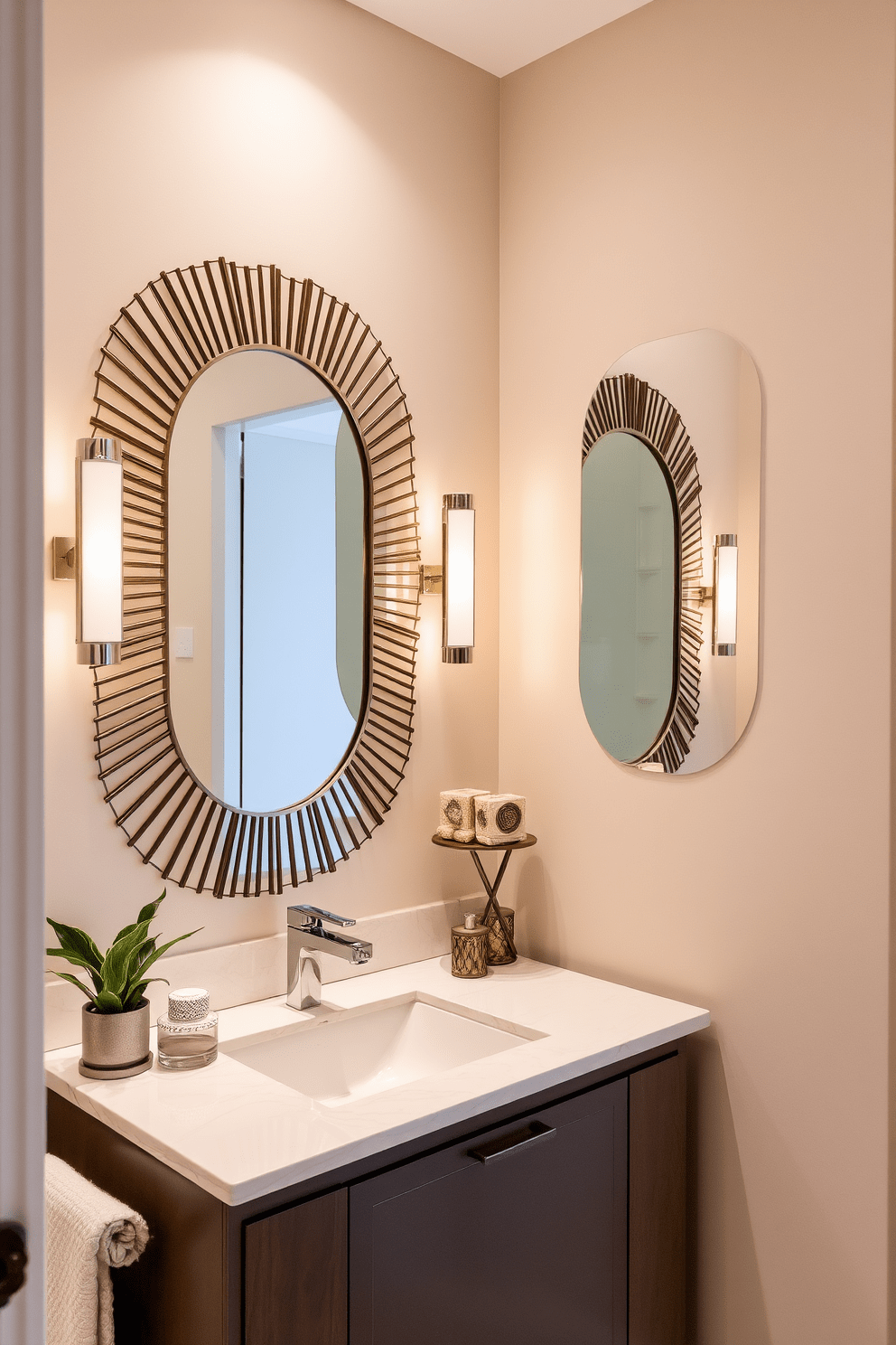 Artistic mirrors are strategically placed to enhance the visual appeal of the guest bathroom. The space features a sleek vanity with a stylish sink, complemented by elegant lighting that highlights the mirrors' unique designs. The walls are adorned with a soft, neutral palette, creating a calming atmosphere. Decorative elements such as potted plants and luxurious towels add a touch of sophistication to the overall design.