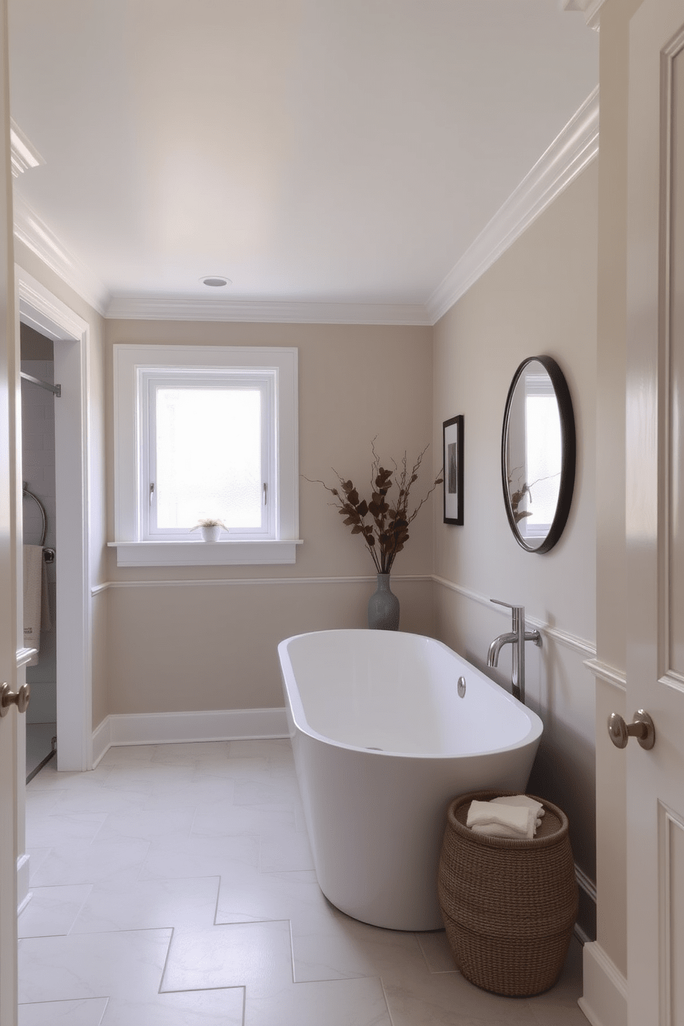 A serene guest bathroom featuring a neutral color palette that promotes calming vibes. The walls are painted in soft beige, complemented by white trim and a light gray tile floor. A sleek freestanding bathtub takes center stage, surrounded by minimalist decor. Natural light streams in through a frosted window, enhancing the tranquil atmosphere.