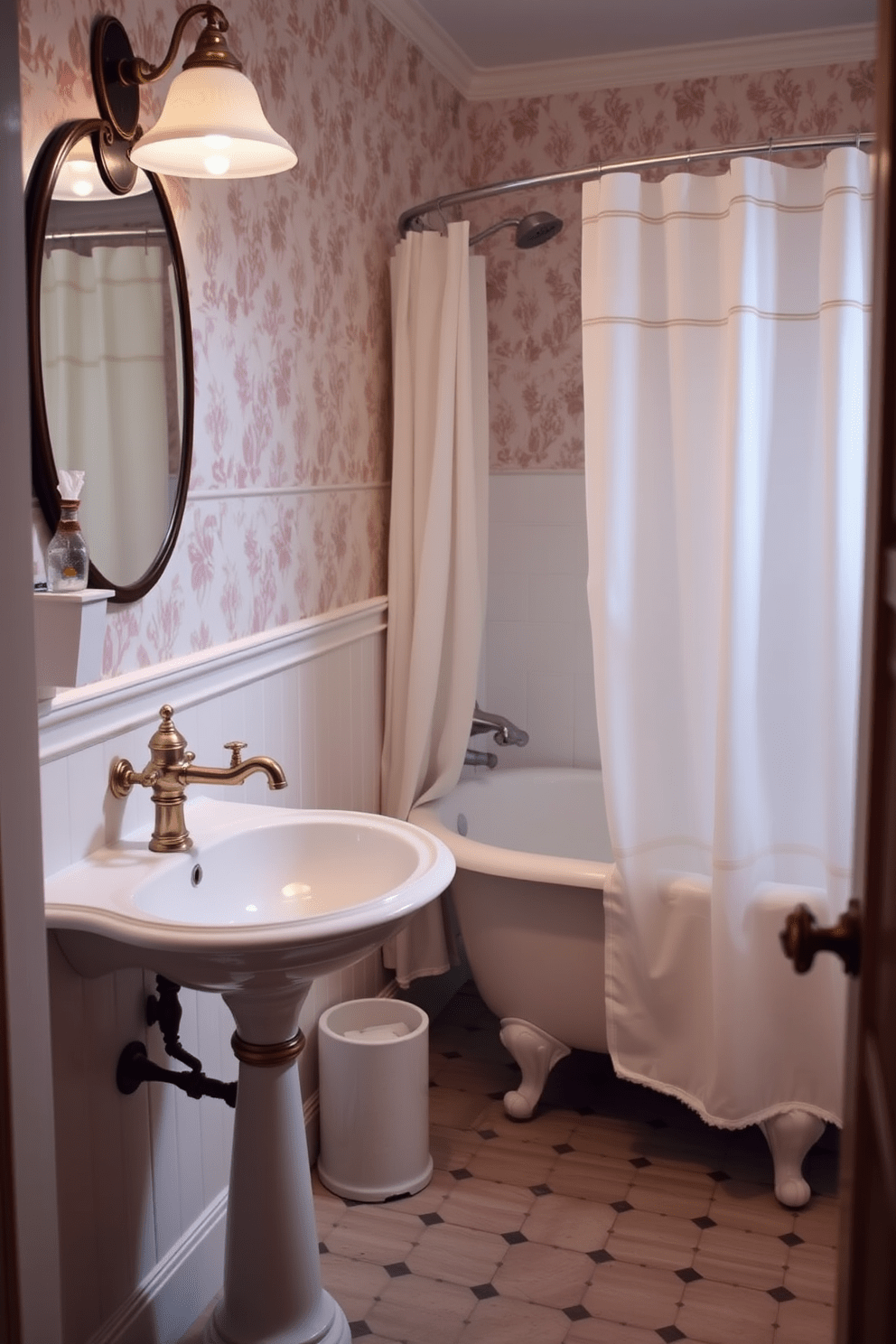 A charming guest bathroom filled with vintage fixtures. The sink features an ornate porcelain basin paired with a polished brass faucet, exuding classic elegance. The walls are adorned with soft pastel wallpaper, creating a warm and inviting atmosphere. A freestanding bathtub with clawfoot legs sits gracefully in the corner, complemented by a vintage-style shower curtain.