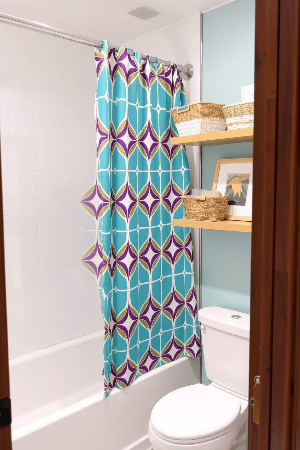 A stylish shower curtain in a vibrant geometric pattern adds a pop of color to the guest bathroom. The curtain is complemented by sleek chrome fixtures and a minimalist white bathtub, creating a fresh and inviting atmosphere. Incorporate floating shelves above the toilet for practical storage and display. Add decorative baskets and a framed print to enhance the overall aesthetic while maintaining functionality.