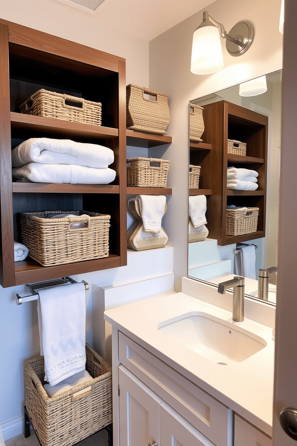 Decorative baskets are arranged neatly on open shelves, providing a stylish way to store towels and toiletries. The baskets, made of natural fibers, add warmth and texture to the space while keeping essentials organized. The guest bathroom features a modern vanity with a sleek countertop and a large mirror that reflects light. Soft lighting enhances the inviting atmosphere, making it a perfect retreat for visitors.