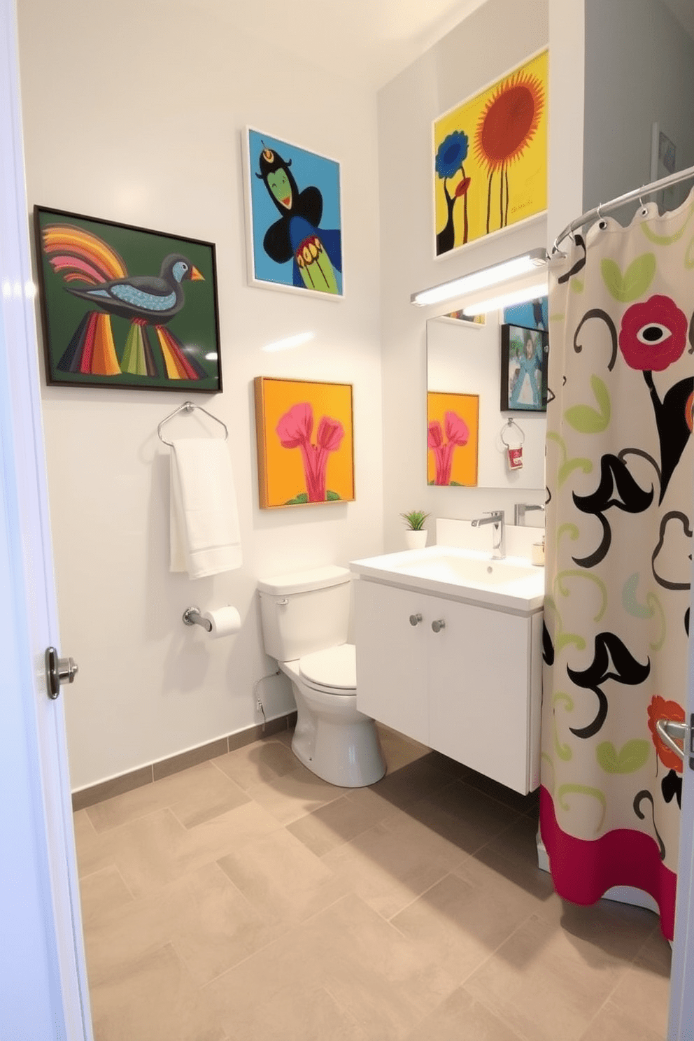 Bright artwork adds a splash of color and personality to the guest bathroom. The walls are adorned with vibrant paintings that create a lively atmosphere, complemented by a sleek white vanity and modern fixtures. A stylish shower curtain with a bold pattern enhances the playful vibe of the space. The flooring features light gray tiles, providing a neutral backdrop that allows the artwork to stand out beautifully.