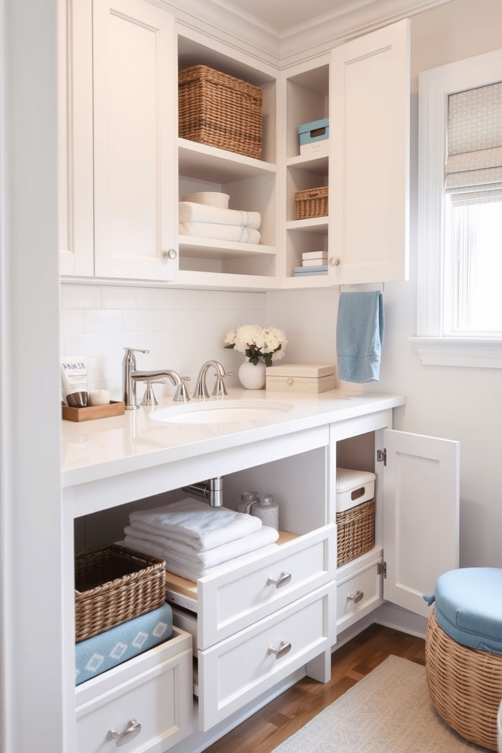 A functional guest bathroom featuring under-sink storage solutions for maximum efficiency. The cabinetry is designed with pull-out drawers and shelves to keep toiletries organized and easily accessible. The color palette includes soft neutrals with accents of light blue for a calming atmosphere. Stylish baskets and decorative boxes are used to enhance the aesthetic while providing practical storage options.