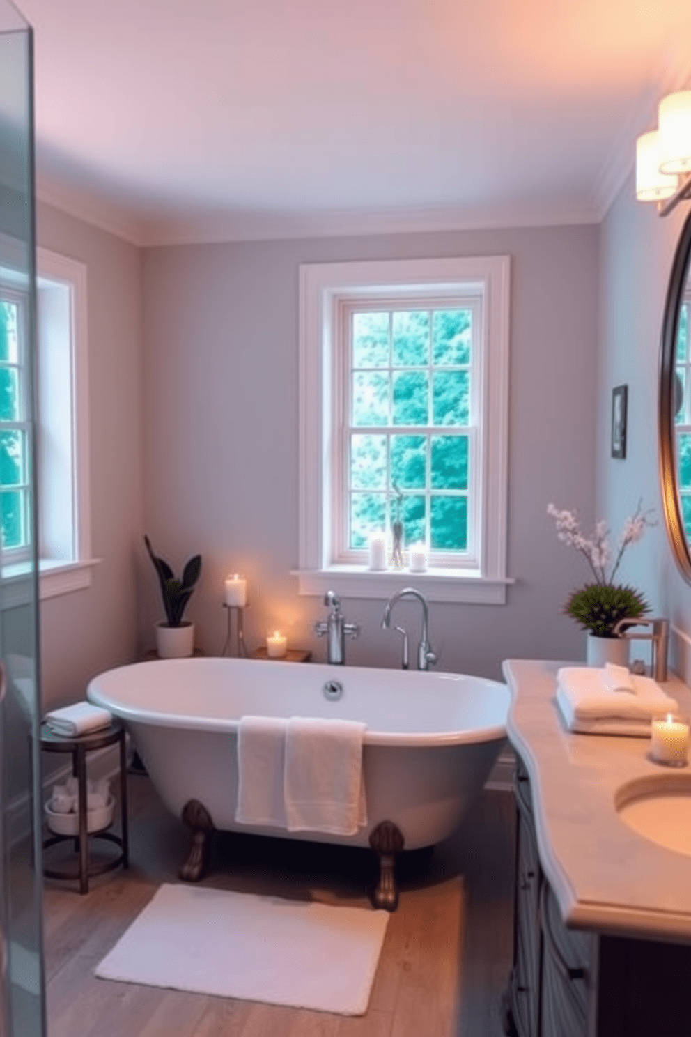 A serene guest bathroom setting with soft ambient lighting creating a warm and inviting atmosphere. The walls are painted in a soft pastel hue, complemented by elegant fixtures and plush towels neatly arranged. A freestanding soaking tub is positioned under a large window, allowing natural light to filter in. Decorative candles and potted plants enhance the calming environment, while a stylish vanity with a round mirror adds a touch of sophistication.