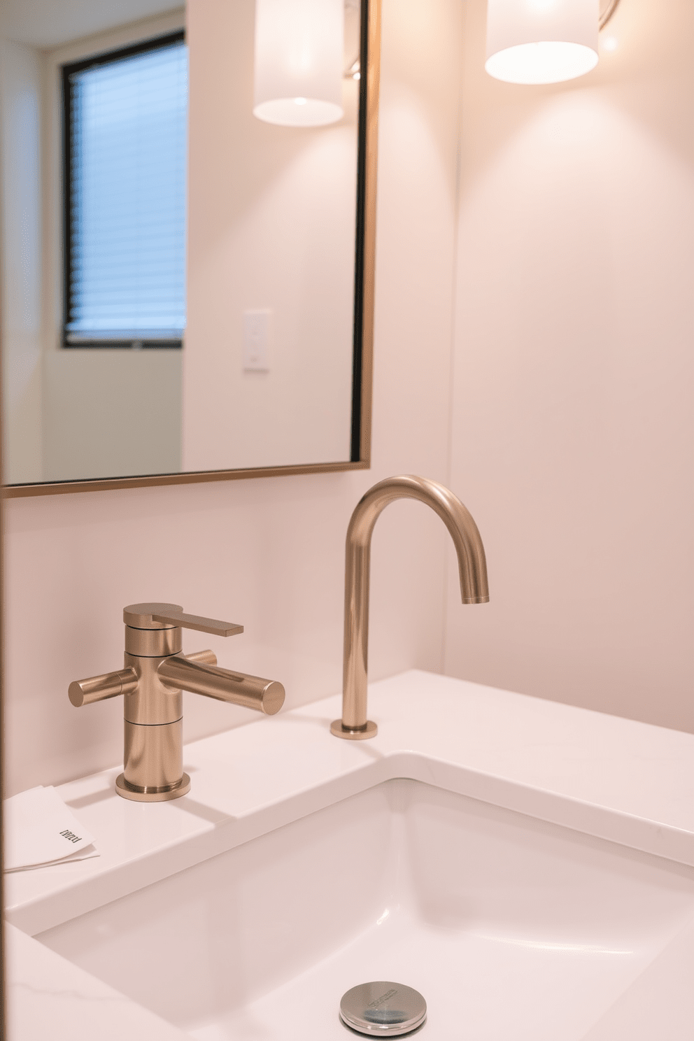 Elegant faucets for a polished look. The guest bathroom features sleek, modern faucets with a brushed nickel finish, enhancing the overall sophistication of the space. The design incorporates a stylish vanity with a white quartz countertop and a minimalist sink. Soft ambient lighting highlights the elegant fixtures, creating a warm and inviting atmosphere.