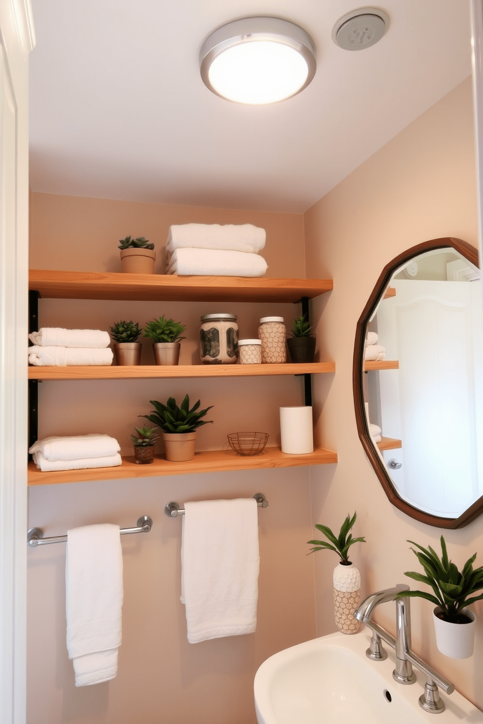 Open shelving creates a functional and inviting space in a guest bathroom. The shelves are adorned with neatly arranged towels, decorative jars, and potted plants, providing easy access to essentials. The walls are painted in a soft beige, complementing the warm wood tones of the shelving. A stylish mirror above the sink reflects natural light, enhancing the overall brightness of the room.