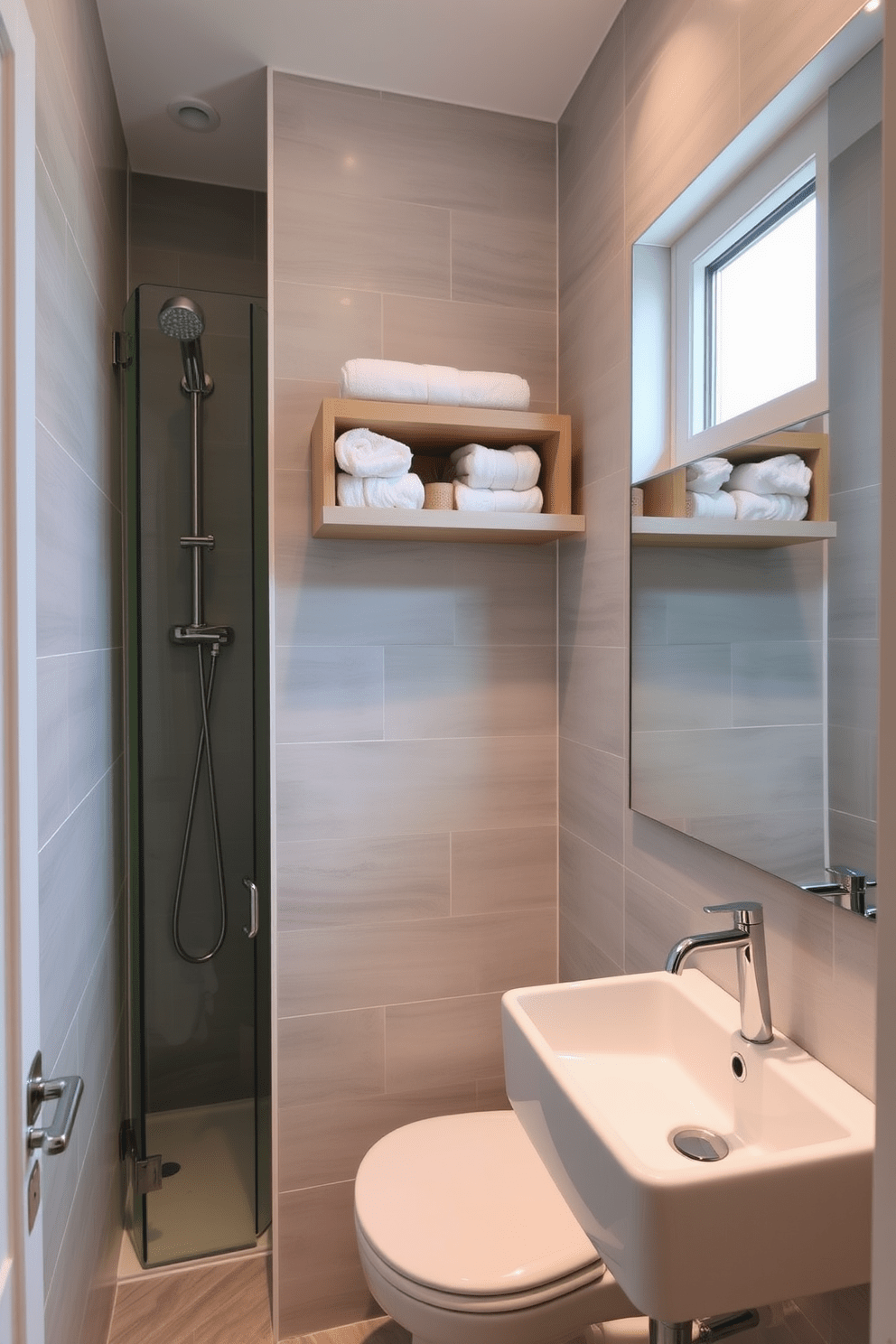 A compact guest bathroom featuring a sleek wall-mounted sink with a polished chrome faucet. The walls are adorned with light gray tiles, and a large mirror reflects the natural light from a small window. In the corner, a modern shower stall with clear glass doors maximizes space while showcasing a stylish rainfall showerhead. A floating shelf above the toilet holds neatly rolled towels and decorative items, adding a touch of elegance to the design.