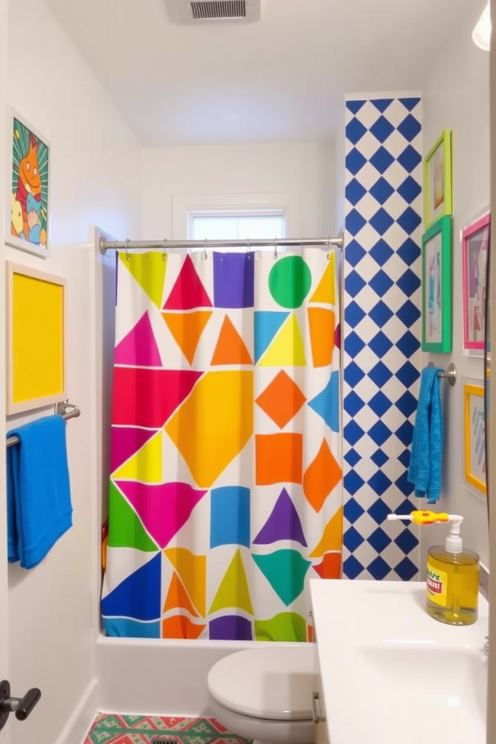 A vibrant guest bathroom filled with colorful accents to create a playful energy. The walls are painted in a soft white, adorned with bright artwork and playful patterns. A whimsical shower curtain features bold geometric shapes in various colors. The countertop is topped with a cheerful arrangement of colorful accessories and a fun soap dispenser.