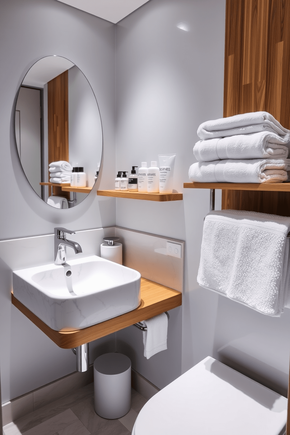 A serene guest bathroom featuring high-quality toiletries arranged neatly on a stylish wooden shelf. The space is accentuated by soft lighting that highlights a chic marble sink and elegant fixtures. Luxurious towels are neatly folded on a plush towel rack, inviting guests to indulge in comfort. A calming color palette of soft blues and whites creates a tranquil atmosphere, enhancing the overall guest experience.