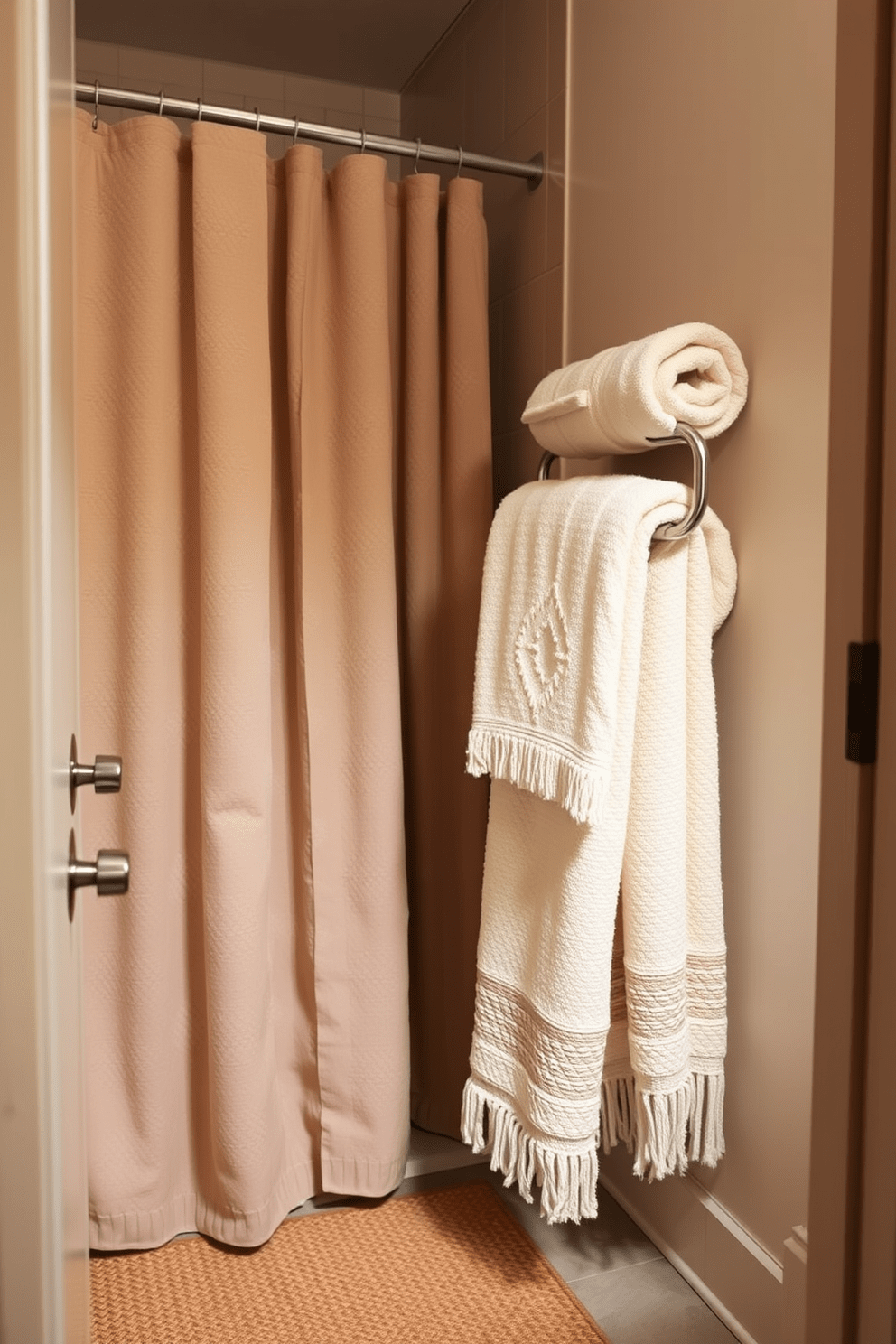 A guest bathroom featuring layered textiles that create depth and warmth. The space includes plush towels in varying shades of cream and beige, draped artfully over a sleek, modern towel rack. A soft, patterned shower curtain complements the rich textures of the room, enhancing the inviting atmosphere. The flooring is adorned with a cozy, woven rug that adds a touch of comfort underfoot.