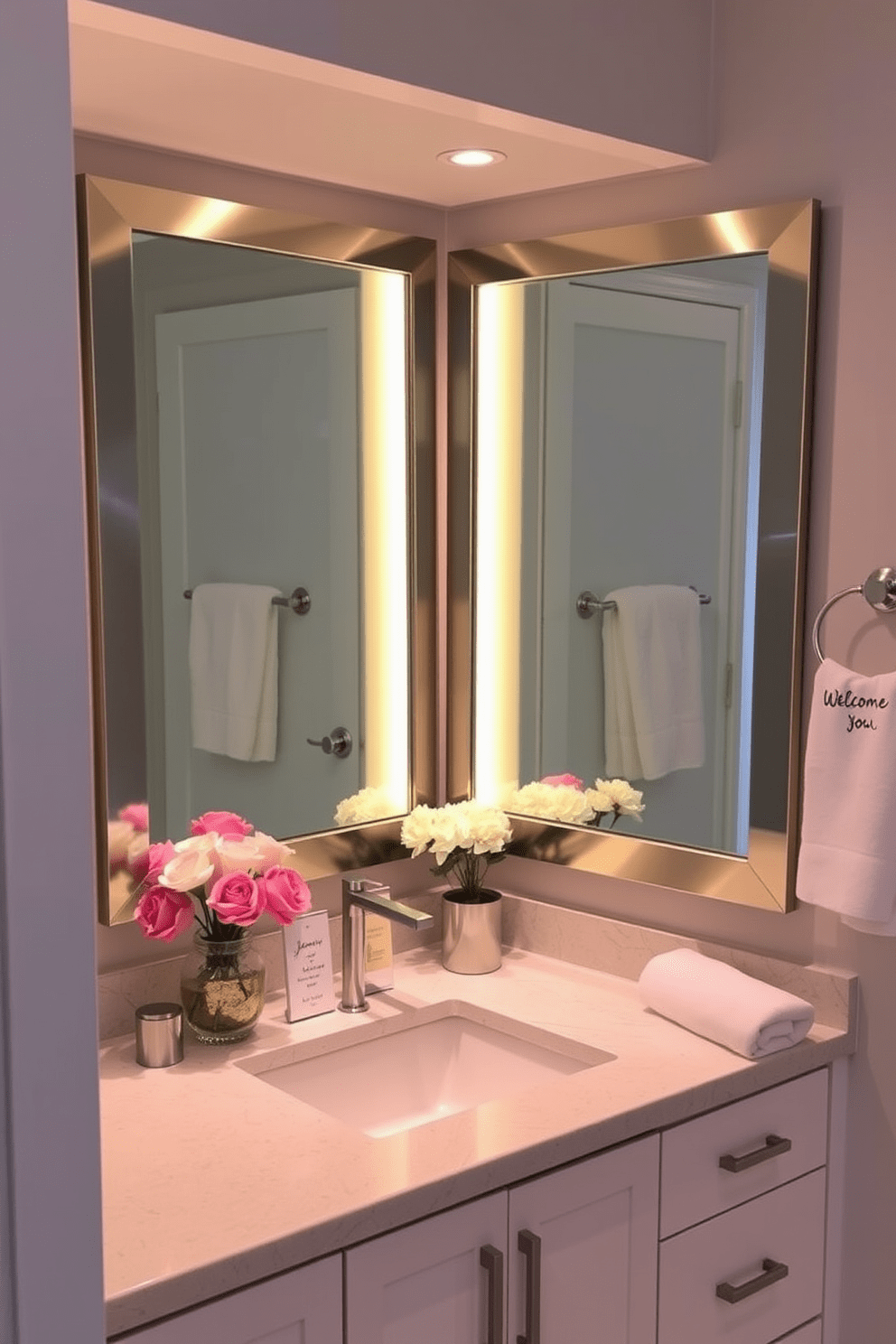 A stylish guest bathroom featuring personalized welcome notes for guests. The space includes a sleek vanity with a contemporary sink and a large mirror framed in brushed nickel. Soft lighting illuminates the room, creating a warm and inviting atmosphere. Decorative elements such as fresh flowers and plush towels add a touch of luxury to the overall design.