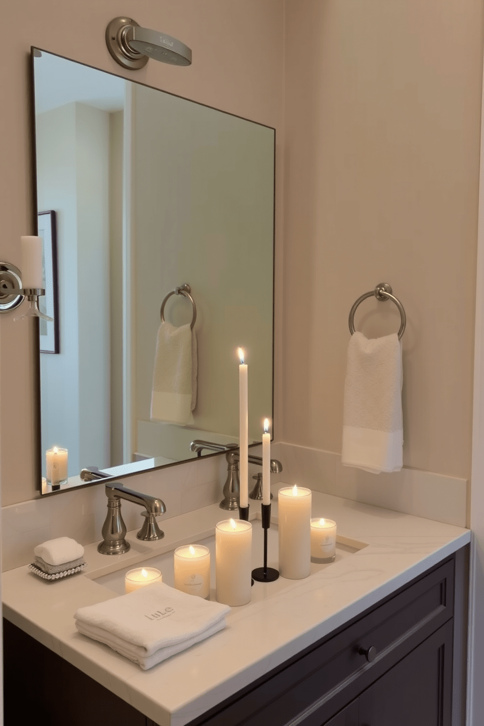 A charming guest bathroom featuring an inviting arrangement of scented candles on a sleek countertop. The candles are displayed in various heights, creating a warm and welcoming ambiance for visitors. Soft, muted colors adorn the walls, complemented by elegant fixtures and a stylish mirror. Plush towels and decorative elements enhance the overall comfort and sophistication of the space.