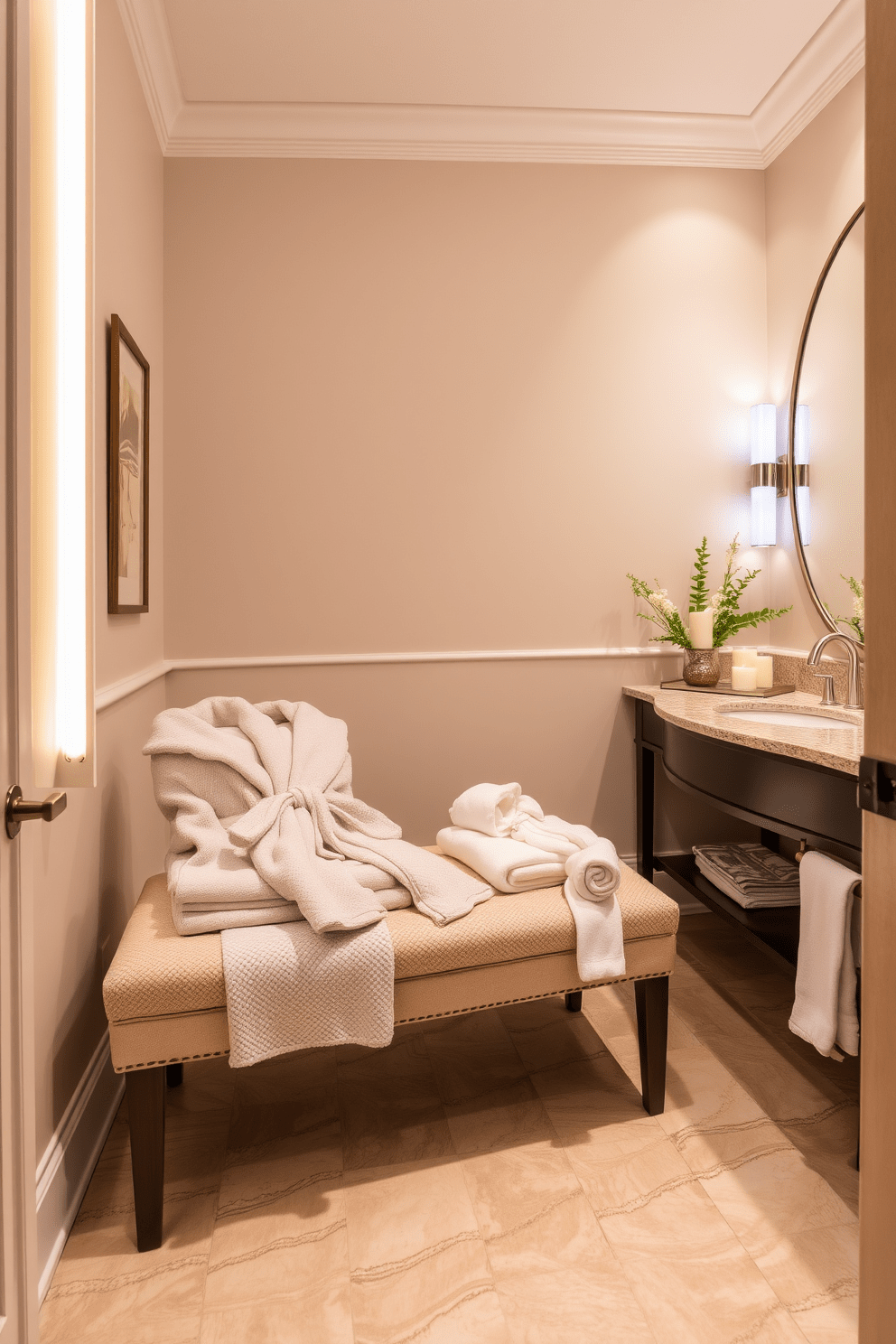 A guest bathroom designed for luxury features high-quality bathrobes elegantly displayed on a plush bench. The space is adorned with soft, ambient lighting that enhances the serene atmosphere, complemented by a stylish vanity with polished fixtures. The walls are painted in a calming neutral tone, while the flooring boasts large, textured tiles for an upscale look. A decorative touch is added with fresh greenery and scented candles strategically placed to create a welcoming environment.