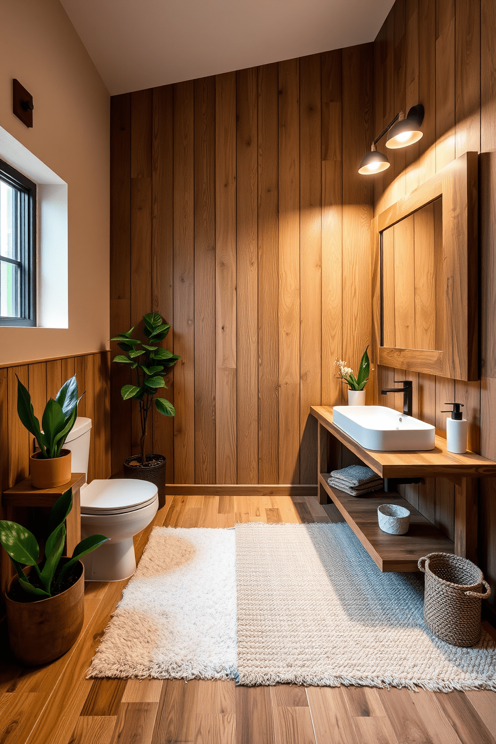 A guest bathroom featuring natural wood accents creates a warm and inviting atmosphere. The space includes a wooden vanity with a sleek white sink and a large mirror framed in reclaimed wood. Soft lighting fixtures illuminate the room, highlighting the textured wood paneling on the walls. A plush area rug in neutral tones adds comfort underfoot, while potted plants bring a touch of nature indoors.