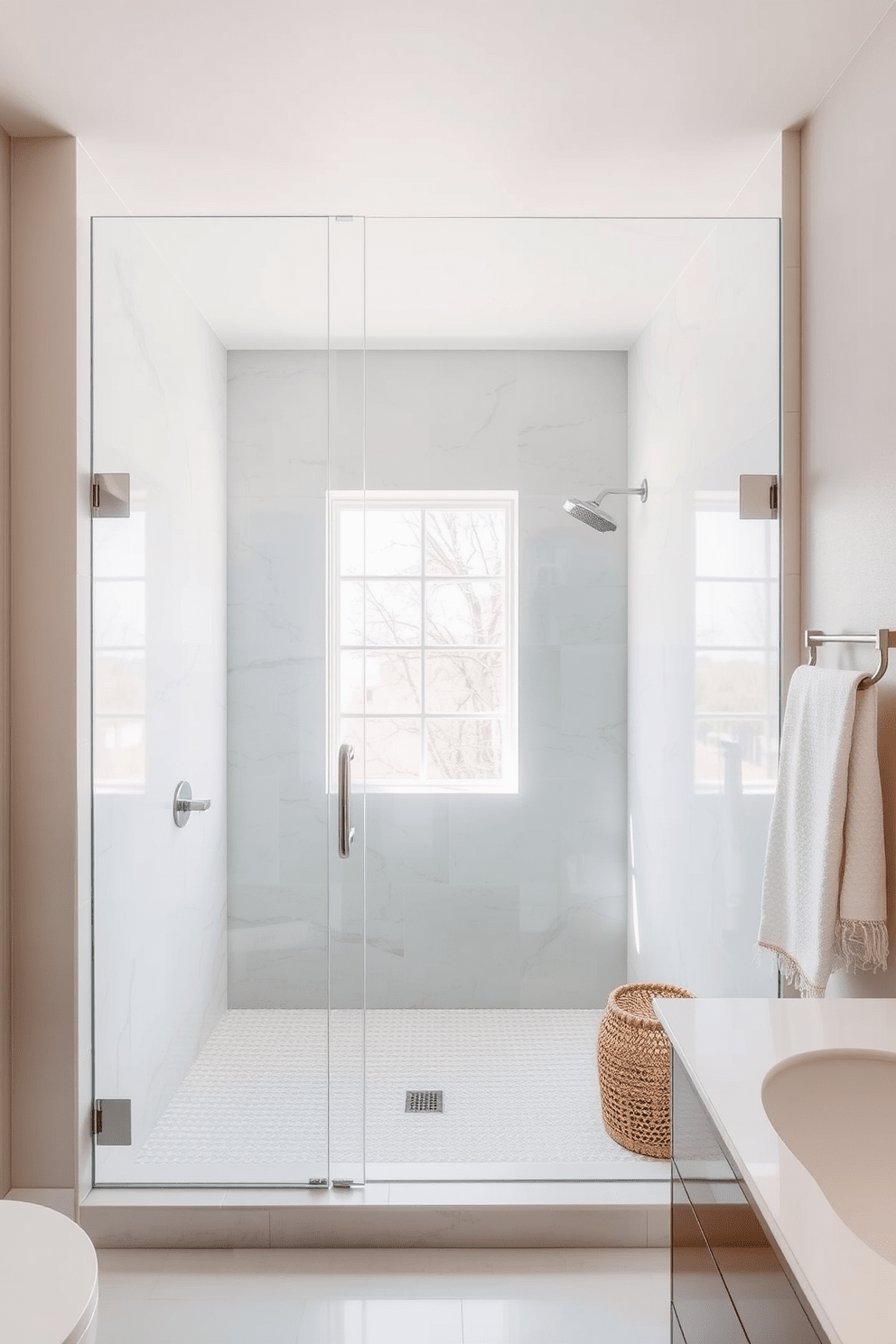 A frameless glass shower creates an open and airy atmosphere in the guest bathroom. The sleek design allows natural light to flow through, enhancing the sense of space and luxury. Incorporate elegant fixtures and a minimalist aesthetic to elevate the overall design. Soft, neutral tones on the walls paired with textured accents can add warmth and sophistication to the space.