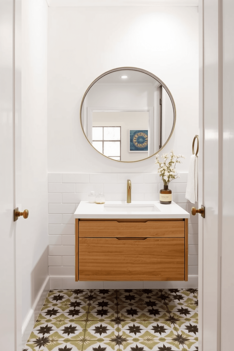 Chic patterned tiles create a striking focal point in the guest bathroom. The walls are adorned with soft white paint, complementing the vibrant tile design on the floor. A sleek floating vanity in natural wood provides a modern touch. Above the vanity, a large round mirror reflects the stylish elements of the space, enhancing the overall brightness.