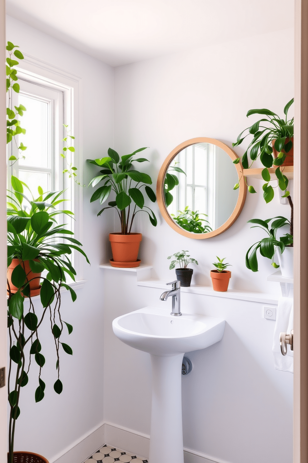 Fresh greenery for a lively atmosphere. The walls are painted in a soft white hue, creating a bright and airy feel. A sleek pedestal sink is complemented by a round mirror with a natural wood frame. Potted plants are strategically placed on shelves and windowsills, adding vibrant pops of green.