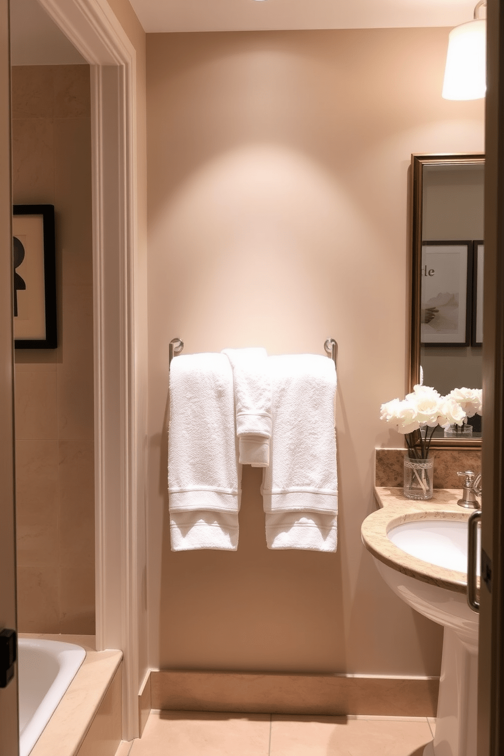 A guest bathroom designed for a spa-like experience. The space features soft lighting that creates a warm and inviting atmosphere. Plush luxury towels are neatly arranged on a stylish towel rack. The walls are adorned with soothing colors and elegant decor, enhancing the overall ambiance.