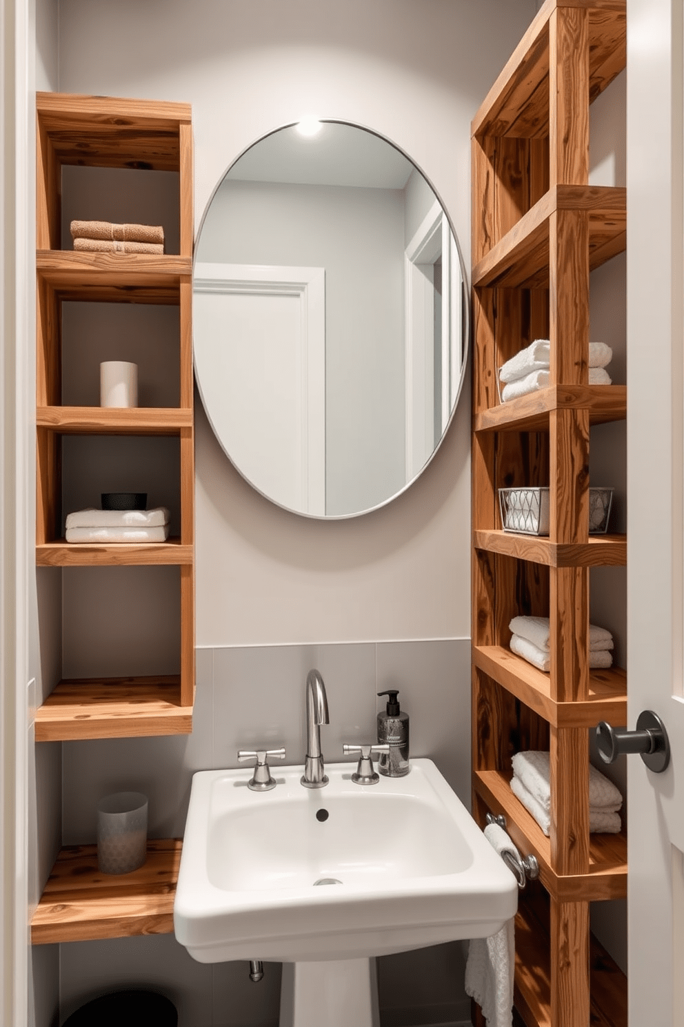 Customized shelving for clever storage. The shelves are made of reclaimed wood and are arranged in an asymmetrical pattern, providing a mix of open and closed storage options. Guest bathroom design ideas. The space features a sleek pedestal sink with a vintage-style faucet, complemented by a large round mirror framed in brushed nickel.