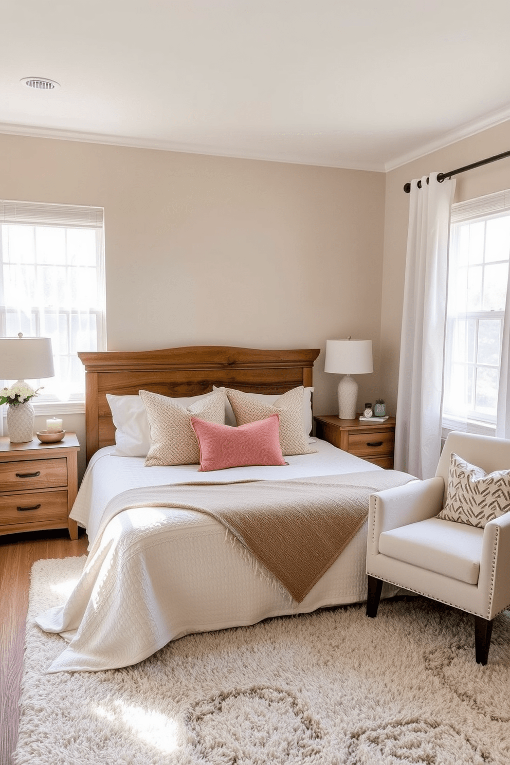 Cozy neutral tones create a calming atmosphere in the guest bedroom. Soft beige walls complement a plush cream-colored bedspread layered with textured throw pillows. A rustic wooden headboard adds warmth to the space while matching nightstands provide functional elegance. A plush area rug in a light gray hue anchors the room, enhancing the inviting feel. Natural light filters through sheer white curtains, illuminating the room with a soft glow. A small reading nook with a comfortable chair and a side table invites relaxation and comfort.