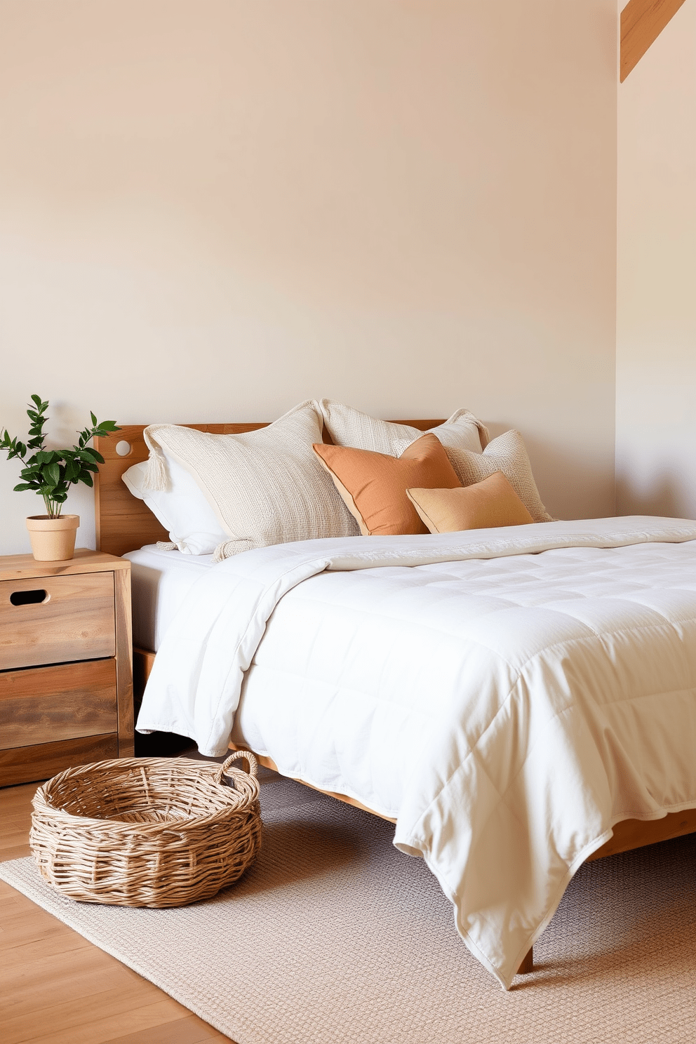 A serene guest bedroom that embraces natural elements for an organic vibe. The walls are adorned with soft beige tones, complemented by wooden accents in the furniture. A large, plush bed features a linen duvet and an array of textured throw pillows in earthy colors. Beside the bed, a reclaimed wood nightstand holds a small potted plant, while a woven basket sits on the floor, adding warmth and texture.