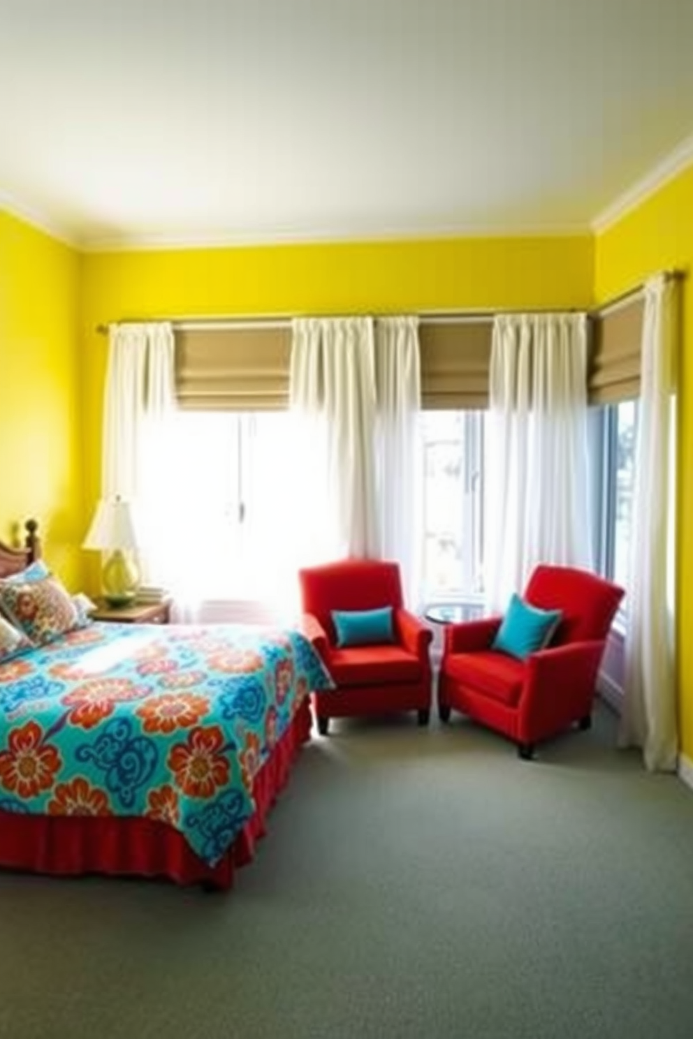 A cheerful guest bedroom filled with bright colors. The walls are painted in a sunny yellow hue, and the bed is adorned with vibrant, patterned bedding featuring shades of blue and orange. A cozy seating area includes a plush armchair in a bold red fabric, paired with a small side table. Large windows allow natural light to flood the space, complemented by sheer white curtains that add a light and airy feel.