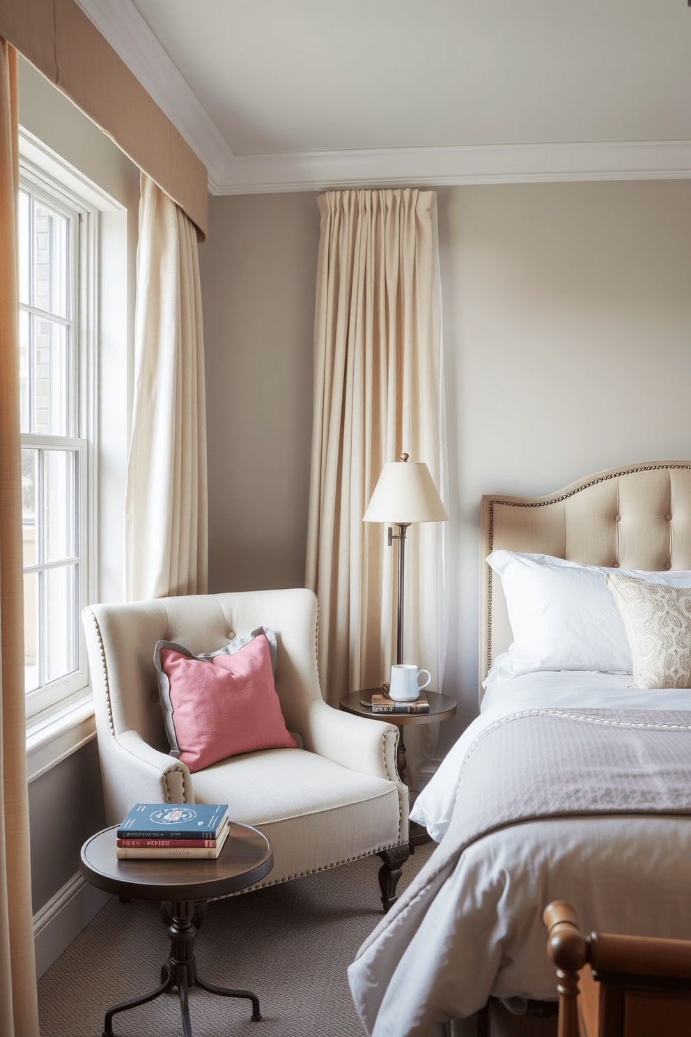 A cozy reading nook by the window features a plush armchair upholstered in soft fabric. A small side table holds a stack of books and a warm cup of tea, while sheer curtains allow natural light to filter in softly. The guest bedroom design incorporates a comfortable queen-sized bed with a tufted headboard. Soft pastel bedding is accented by decorative pillows, and a vintage dresser adds charm to the space.