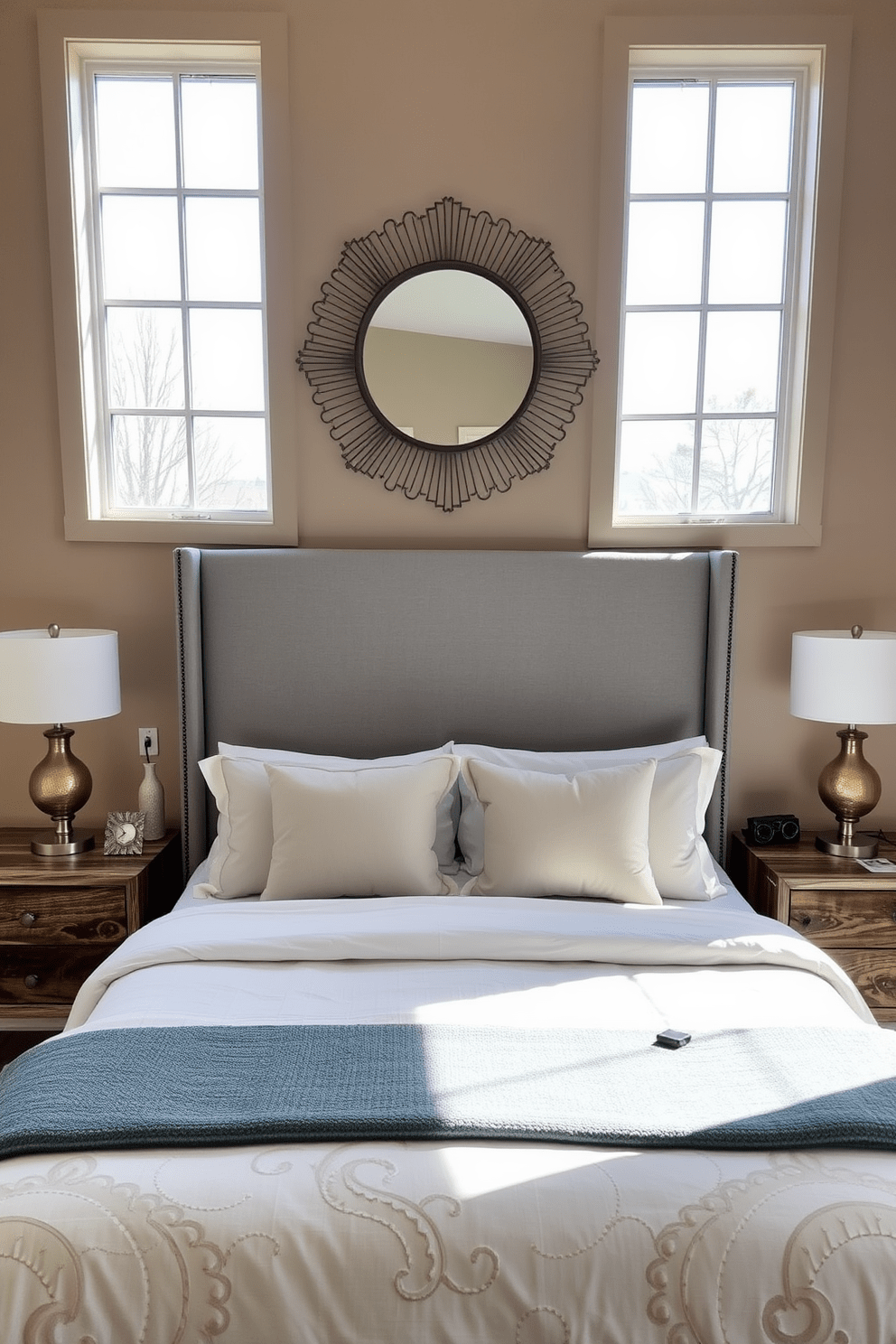 A cozy guest bedroom featuring a plush queen-sized bed with a soft gray upholstered headboard. The walls are painted in a warm beige tone, and large windows allow natural light to flood the room, creating a welcoming atmosphere. On either side of the bed, there are elegant nightstands made of reclaimed wood, each topped with stylish lamps. A large decorative mirror hangs above the bed, reflecting the light and making the space feel larger and more inviting.