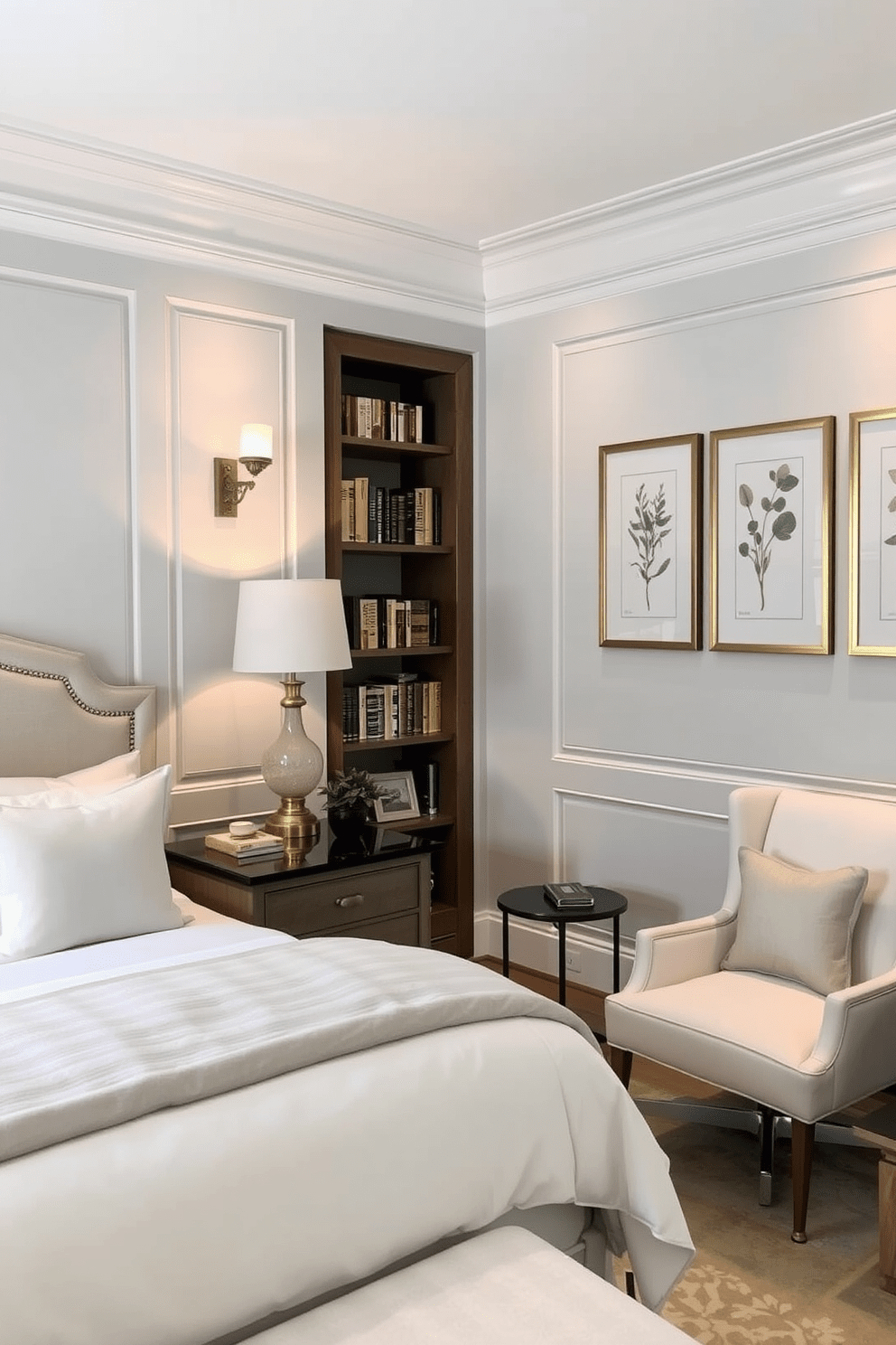 A serene guest bedroom featuring a soft color palette of pastel blues and whites. The bed is dressed in luxurious linens with a plush headboard, complemented by matching bedside tables adorned with elegant lamps. The walls are decorated with framed botanical prints that enhance the calming atmosphere. A cozy reading nook in the corner includes a comfortable armchair and a small bookshelf filled with curated selections for guests to enjoy.