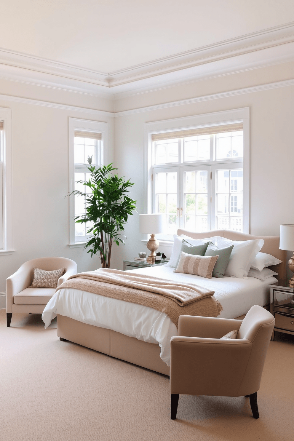 A serene guest bedroom filled with natural light. The room features a plush queen-sized bed with soft white linens and a cozy throw blanket, flanked by elegant nightstands with stylish lamps. In one corner, a tall indoor plant adds a splash of green, enhancing the room's freshness. The walls are painted a soft pastel shade, and a comfortable armchair sits near the window, inviting relaxation.